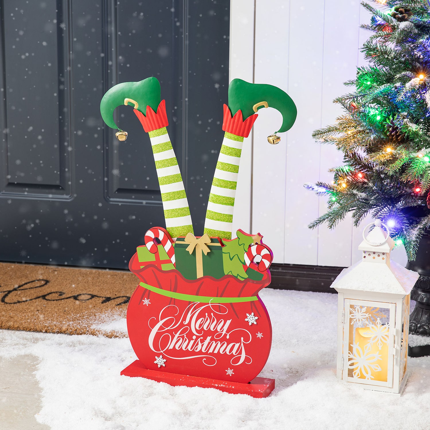 Glitzhome 24.5" Wooden And Metal Gift Box Christmas Porch Sign