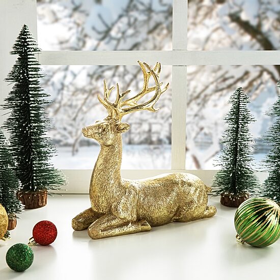 Glitzhome 11" Resin Lying Reindeer Christmas Tabletop Decor