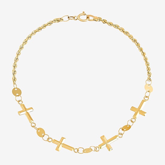 Womens 14K Gold Hollow Cross 7 Inch Link Bracelet