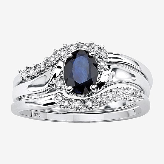 DiamonArt® Womens 1 1/10 CT. T.W.  Genuine Blue Sapphire Platinum Over Silver Oval Bridal Set
