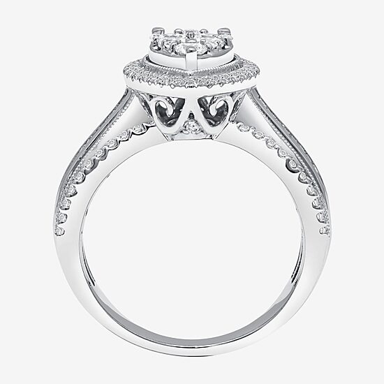Womens 1 CT. T.W. Natural White Diamond 10K Gold Pear Side Stone Halo Engagement Ring