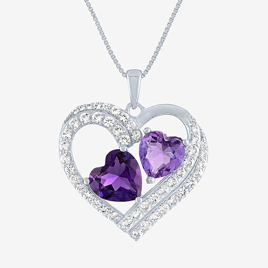 Womens Lab Created Amethyst or Ruby Sterling Silver Heart Pendant Necklace