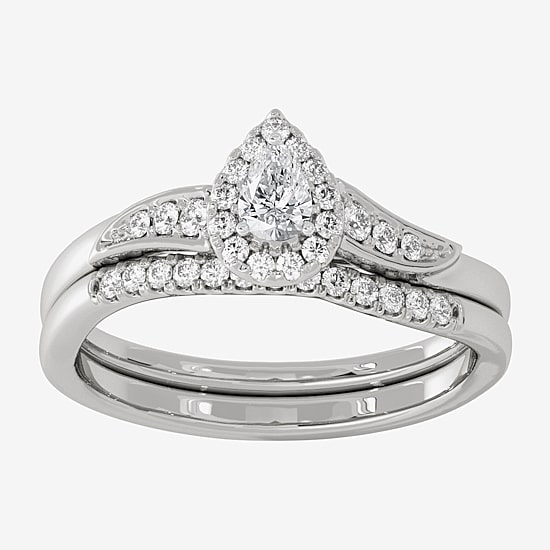 Womens 1/3 CT. T.W. Natural White Diamond 10K Gold Pear Side Stone Halo Bridal Set