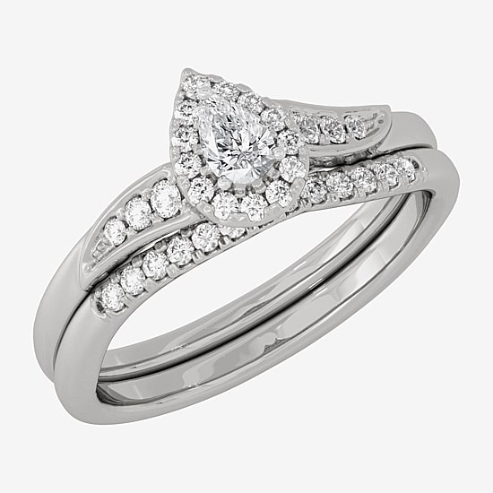 Womens 1/3 CT. T.W. Natural White Diamond 10K Gold Pear Side Stone Halo Bridal Set