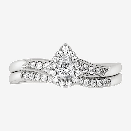 Womens 1/3 CT. T.W. Natural White Diamond 10K Gold Pear Side Stone Halo Bridal Set