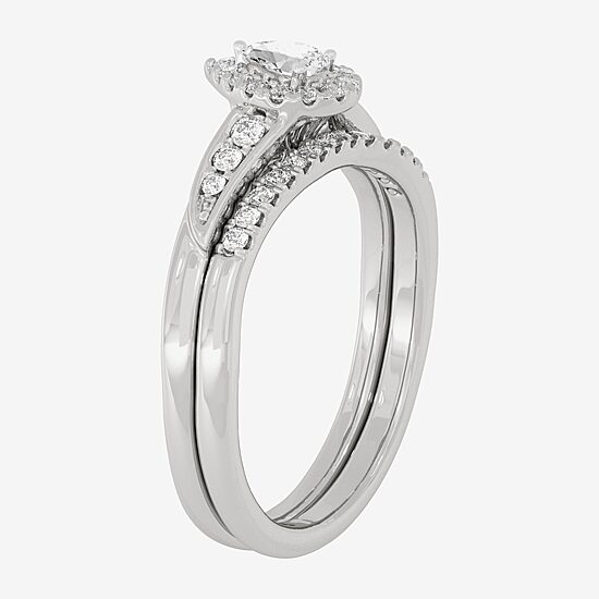 Womens 1/3 CT. T.W. Natural White Diamond 10K Gold Pear Side Stone Halo Bridal Set