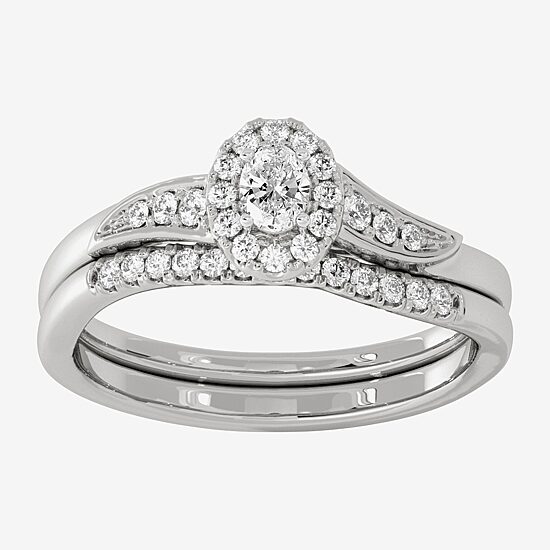 Womens 1/3 CT. T.W. Natural White Diamond 10K Gold Oval Side Stone Halo Bridal Set