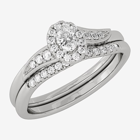 Womens 1/3 CT. T.W. Natural White Diamond 10K Gold Oval Side Stone Halo Bridal Set