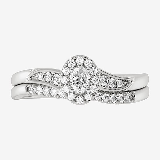 Womens 1/3 CT. T.W. Natural White Diamond 10K Gold Oval Side Stone Halo Bridal Set