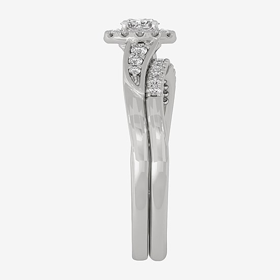 Womens 1/3 CT. T.W. Natural White Diamond 10K Gold Oval Side Stone Halo Bridal Set