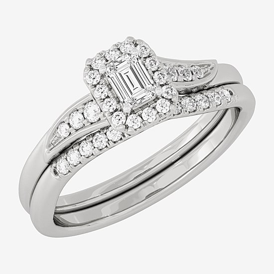Womens 1/3 CT. T.W. Natural White Diamond 10K Gold Side Stone Halo Bridal Set