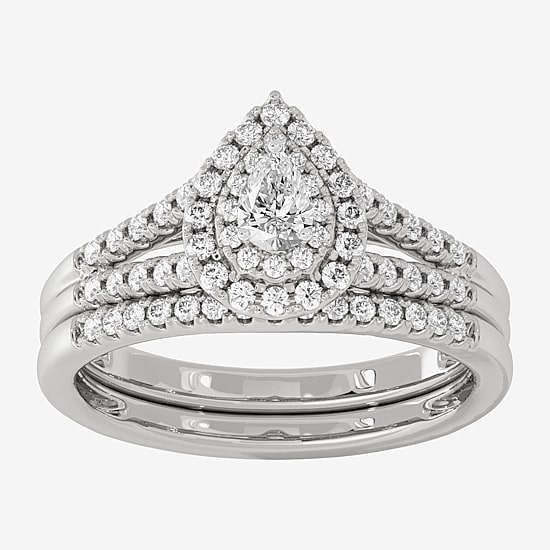 Womens 1/2 CT. T.W. Natural White Diamond 10K Gold Pear Side Stone Halo Bridal Set