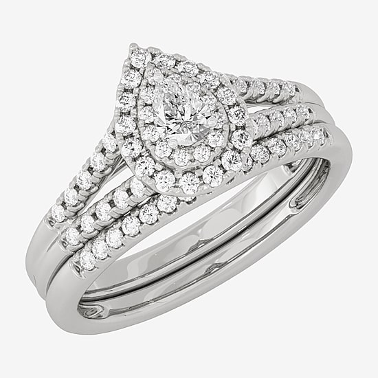Womens 1/2 CT. T.W. Natural White Diamond 10K Gold Pear Side Stone Halo Bridal Set