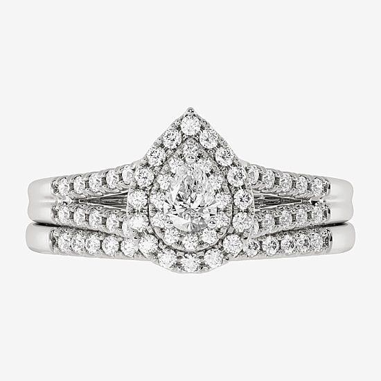 Womens 1/2 CT. T.W. Natural White Diamond 10K Gold Pear Side Stone Halo Bridal Set