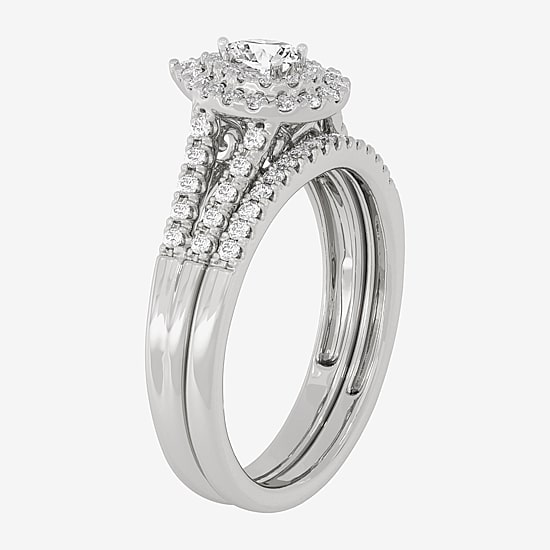 Womens 1/2 CT. T.W. Natural White Diamond 10K Gold Pear Side Stone Halo Bridal Set