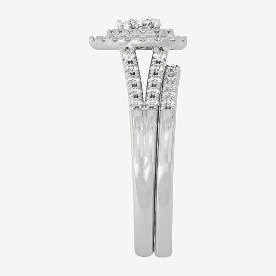 Womens 1/2 CT. T.W. Natural White Diamond 10K Gold Pear Side Stone Halo Bridal Set