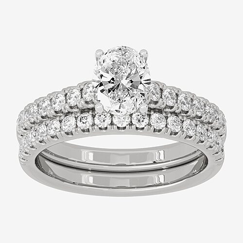(H-I / Si1-Si2) Womens 1 1/2 CT. T.W. Lab Grown White Diamond 10K Gold Round Side Stone Halo Bridal Set, 9, White