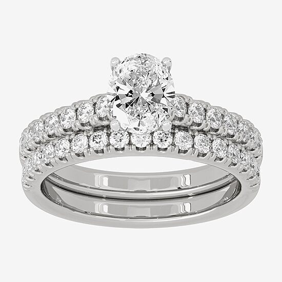 (H-I / Si1-Si2) Womens 1 1/2 CT. T.W. Lab Grown White Diamond 10K Gold Round Side Stone Halo Bridal Set