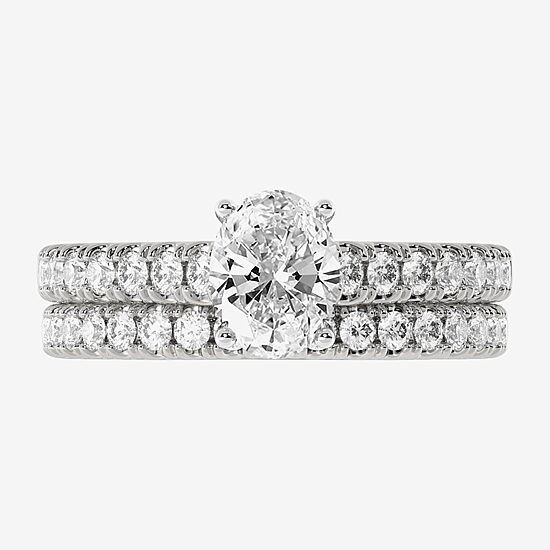 (H-I / Si1-Si2) Womens 1 1/2 CT. T.W. Lab Grown White Diamond 10K Gold Round Side Stone Halo Bridal Set