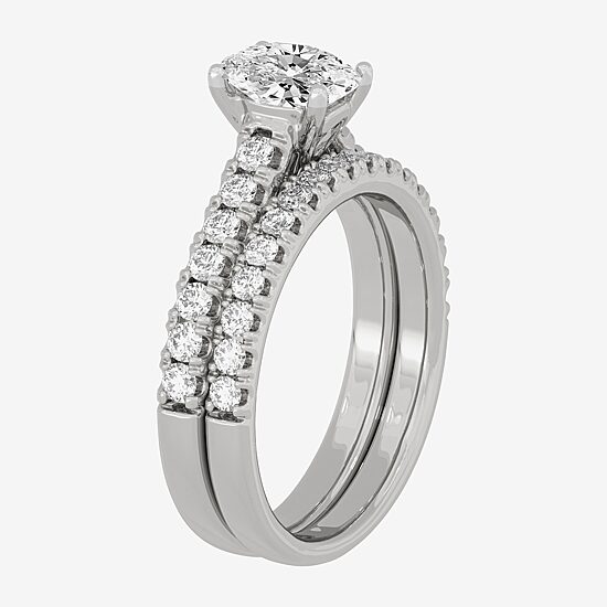(H-I / Si1-Si2) Womens 1 1/2 CT. T.W. Lab Grown White Diamond 10K Gold Round Side Stone Halo Bridal Set
