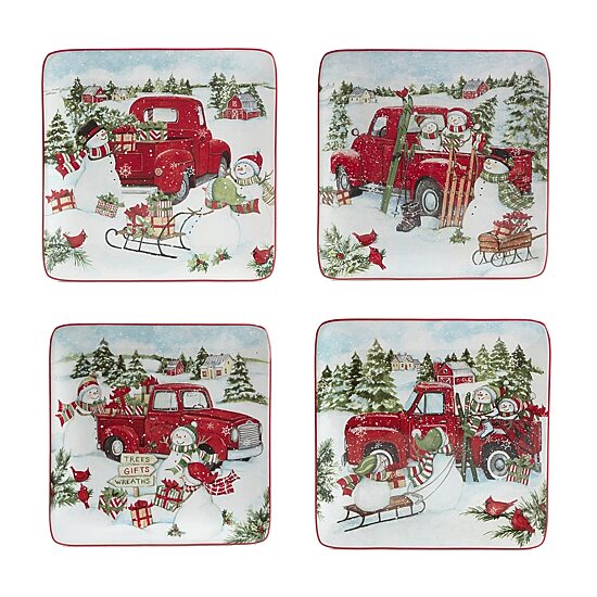 Certified International Red Truck Christmas 4-pc. Dessert Plate