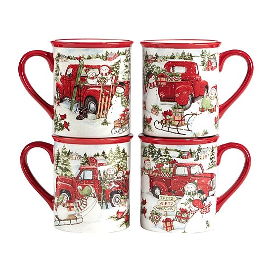 Certified International Red Truck Christmas 4-pc. Coffee Mug