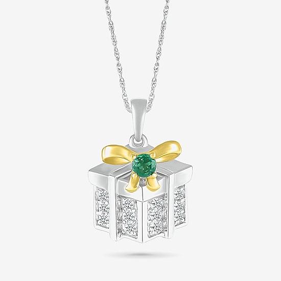 Christmas Present Womens Lab Created Green Emerald 10K Two Tone Gold Over Silver 18 Inch Pendant Necklace