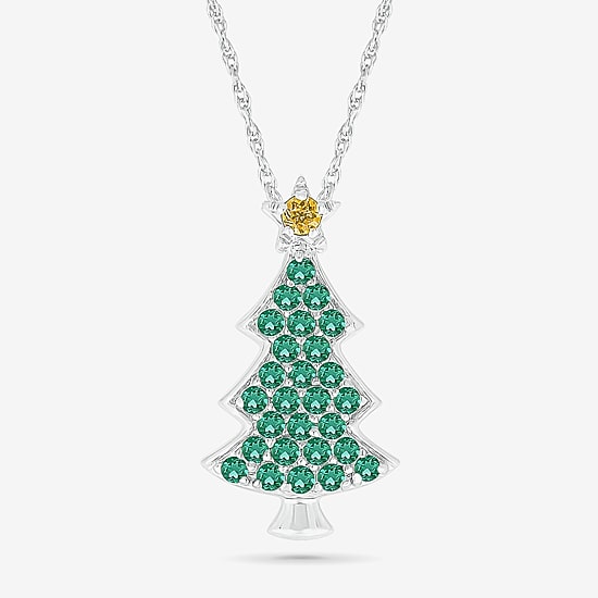 Christmas Tree Womens Lab Created Green Emerald Sterling Silver 18 Inch Pendant Necklace