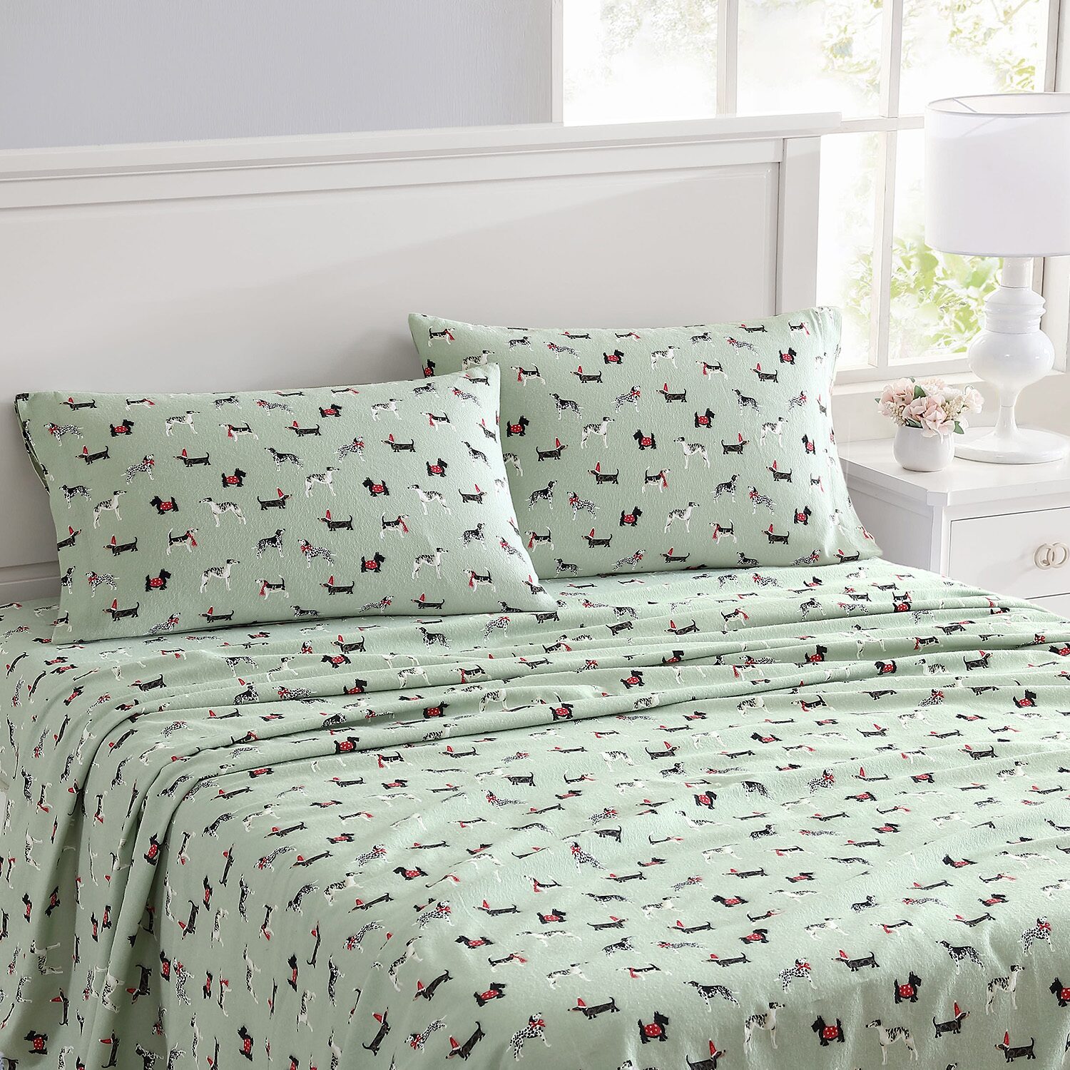 Laura Ashley Holiday Pups Cotton Flannel Deep Pocket Sheet Set