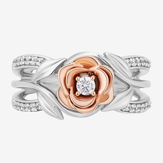 Enchanted Disney Fine Jewelry Belle(I, I2) Womens 1/4 CT. T.W. Lab Grown White Diamond 14K Rose Gold Over Silver Sterling Silver Flower Beauty and the Beast Belle Cocktail Ring