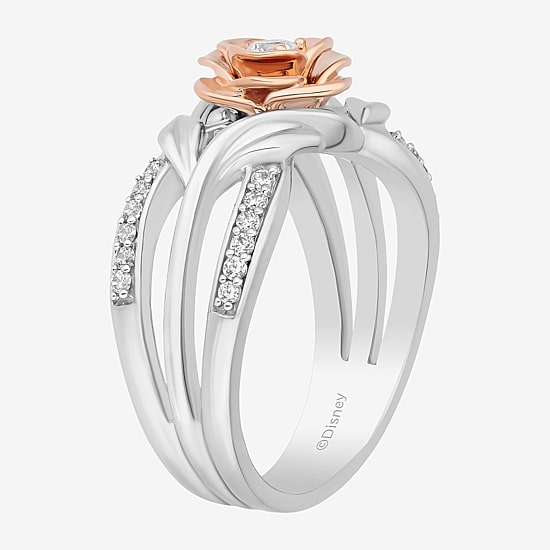 Enchanted Disney Fine Jewelry Belle(I, I2) Womens 1/4 CT. T.W. Lab Grown White Diamond 14K Rose Gold Over Silver Sterling Silver Flower Beauty and the Beast Belle Cocktail Ring