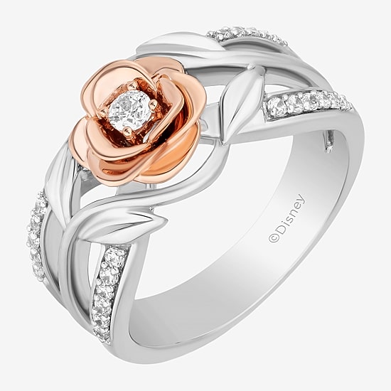 Enchanted Disney Fine Jewelry Belle(I, I2) Womens 1/4 CT. T.W. Lab Grown White Diamond 14K Rose Gold Over Silver Sterling Silver Flower Beauty and the Beast Belle Cocktail Ring