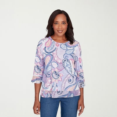 Alfred Dunner Hilton Head Womens Crew Neck 3/4 Sleeve T-Shirt