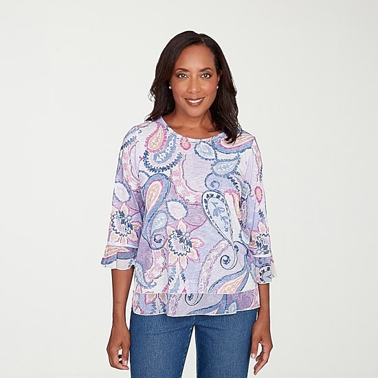 Alfred Dunner Hilton Head Womens Crew Neck 3/4 Sleeve T-Shirt