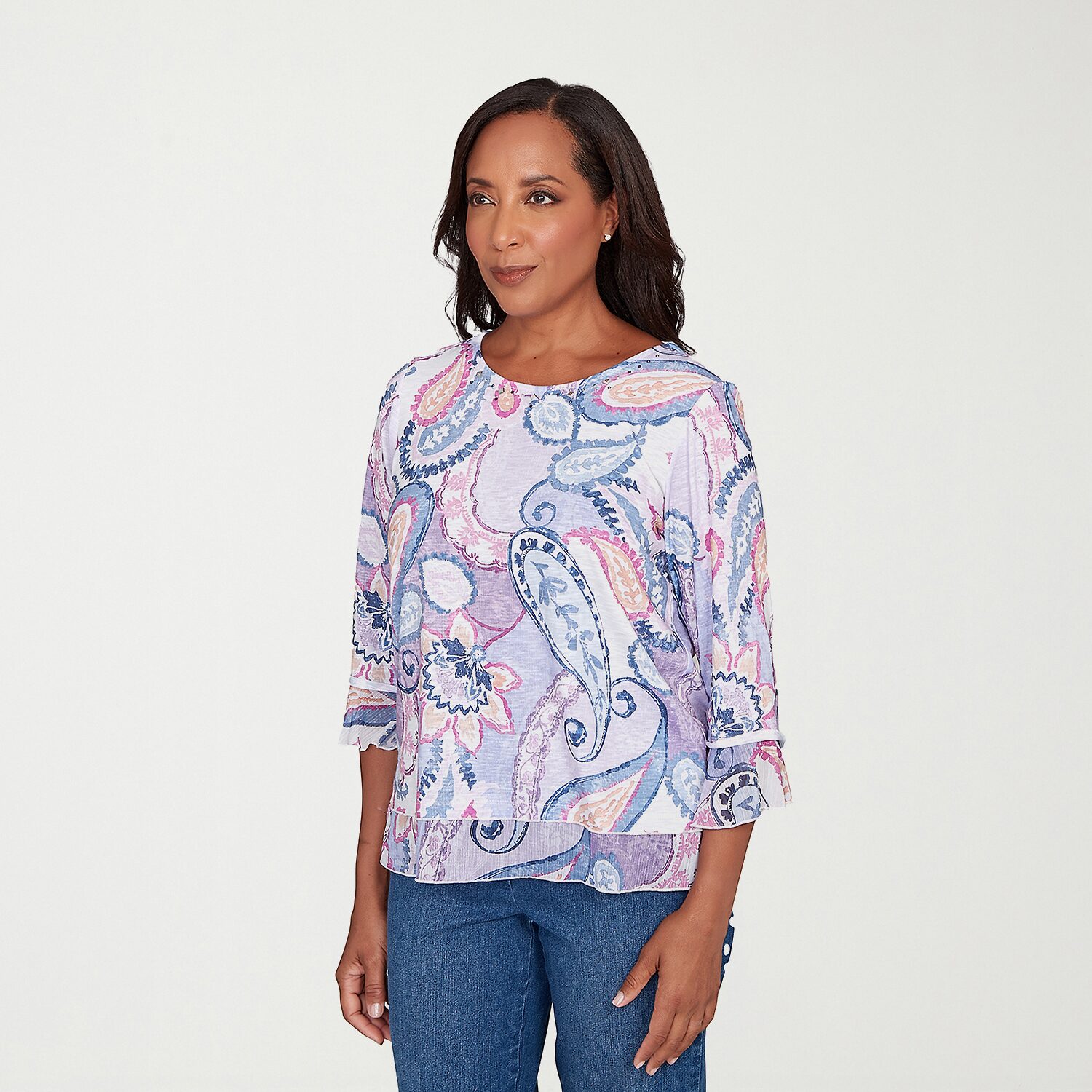 Alfred Dunner Hilton Head Womens Crew Neck 3/4 Sleeve T-Shirt