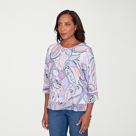 Alfred Dunner Hilton Head Womens Crew Neck 3/4 Sleeve T-Shirt
