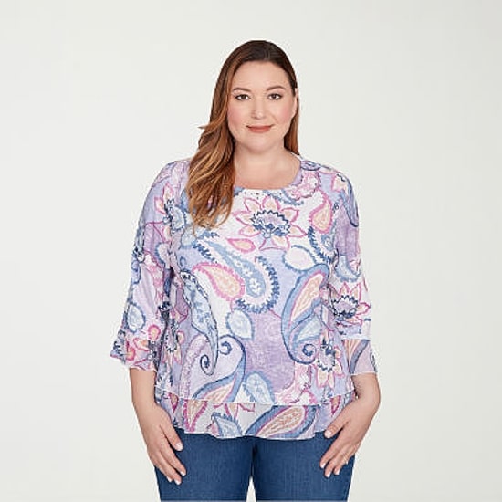 Alfred Dunner Hilton Head Womens Plus Crew Neck 3/4 Sleeve T-Shirt