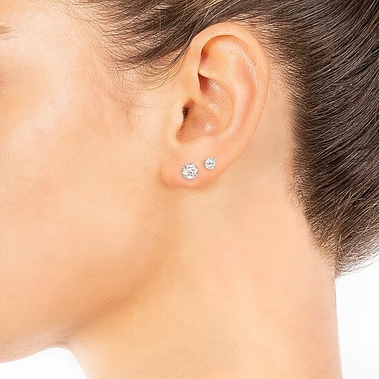 Silver Treasures Womens Crystal Sterling Silver Ball 2 Pair Earring Set