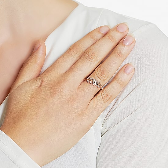 Silver Treasures Leaf Womens Cubic Zirconia 24K Rose Gold Over Silver Band