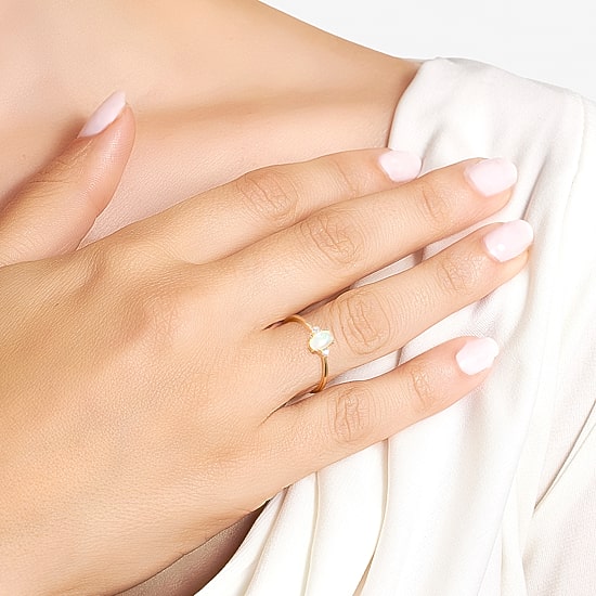 Silver Treasures Womens White Opal 14K Gold Over Silver Oval Delicate Cocktail Ring