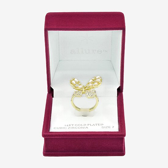 Sparkle Allure Womens Simulated Pearl Cubic Zirconia 14K Gold Over Brass Butterfly Cocktail Ring