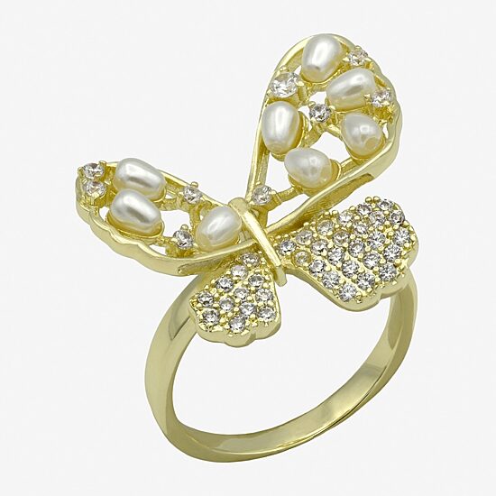 Sparkle Allure Womens Simulated Pearl Cubic Zirconia 14K Gold Over Brass Butterfly Cocktail Ring