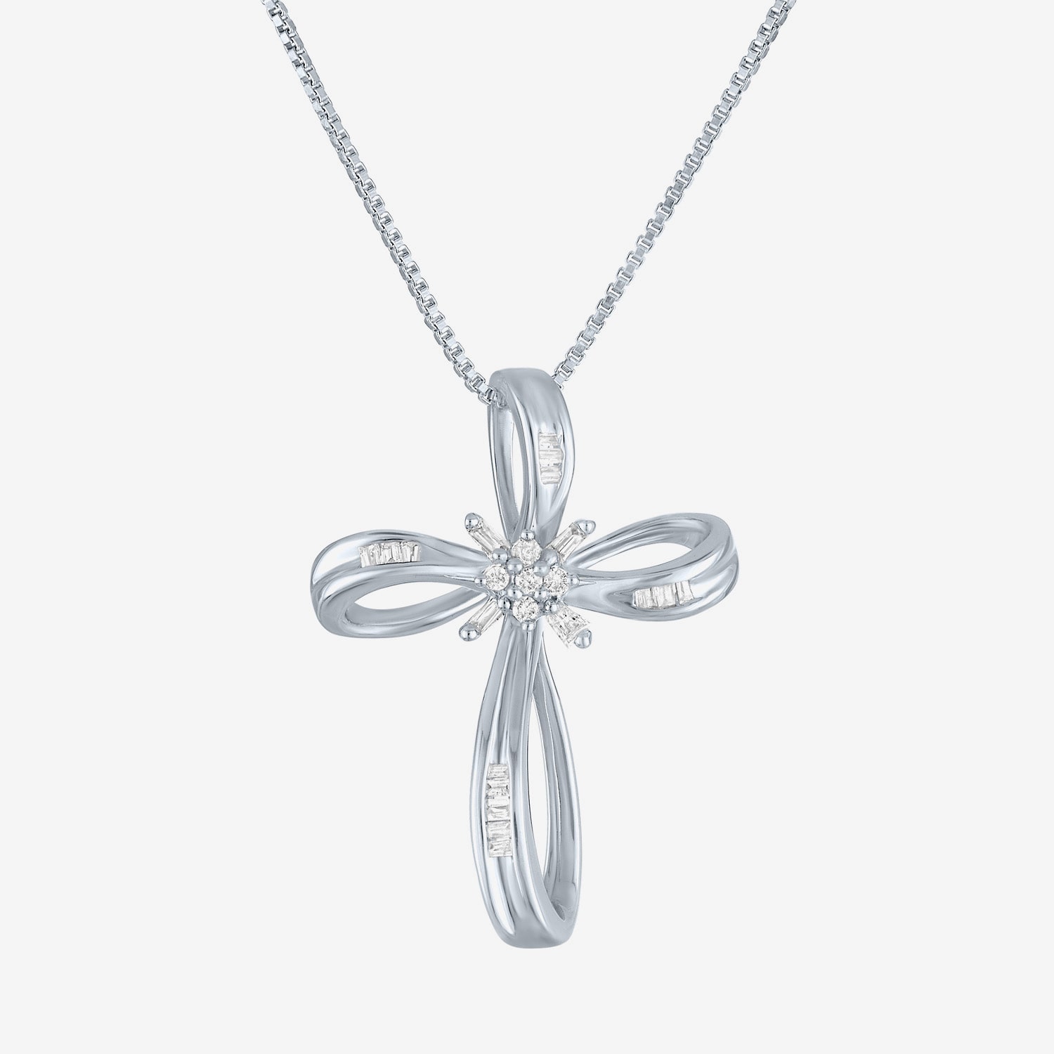 1/10 CT.T.W. Natural Diamond Sterling SIlver Ribbon-Style Cross Pendant Necklace