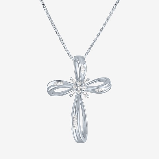 1/10 CT.T.W. Natural Diamond Sterling SIlver Ribbon-Style Cross Pendant Necklace