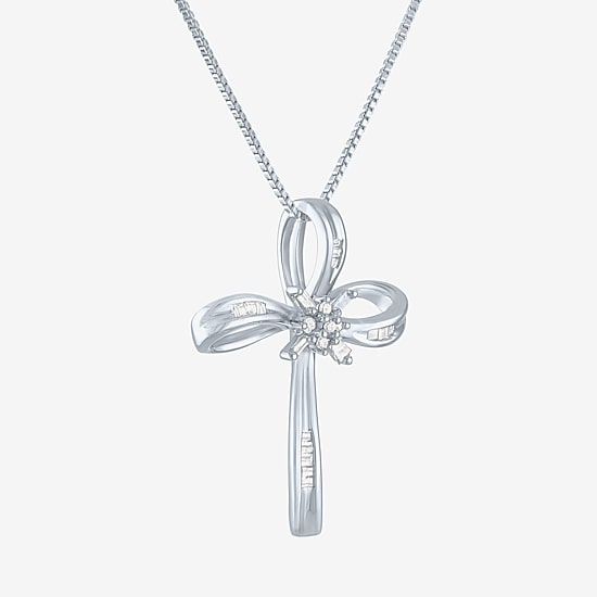 1/10 CT.T.W. Natural Diamond Sterling SIlver Ribbon-Style Cross Pendant Necklace