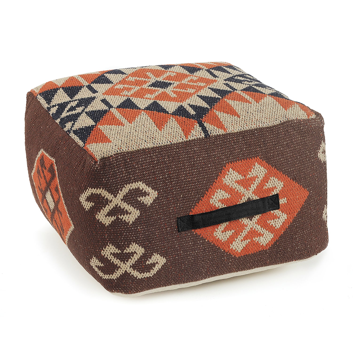 LR Home Ashford 12" Handmade Cotton Blend Pouf in Brown/Natural/Orange