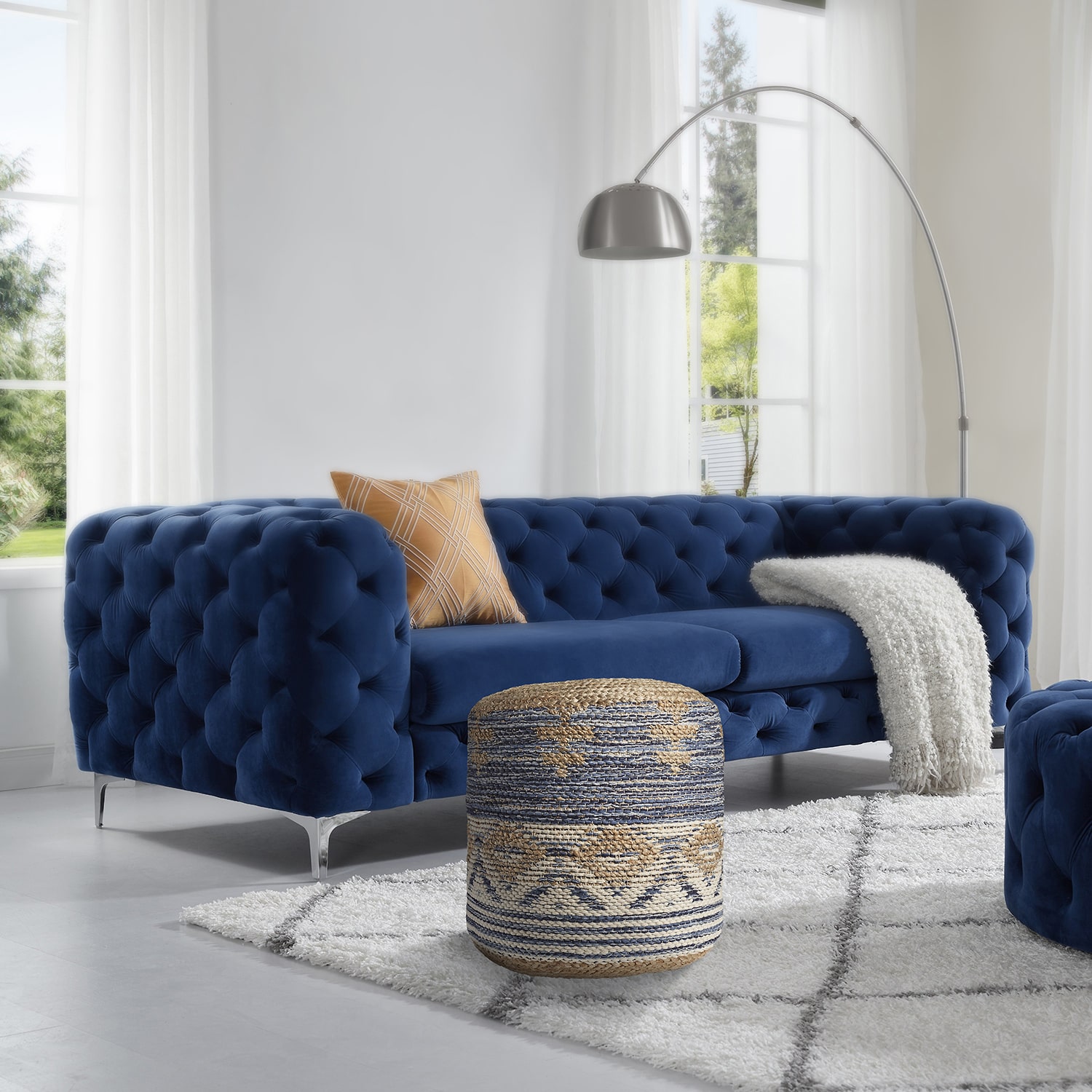 LR Home Elma 18" Handmade Jute Blend Pouf in Natural/Blue/Cream
