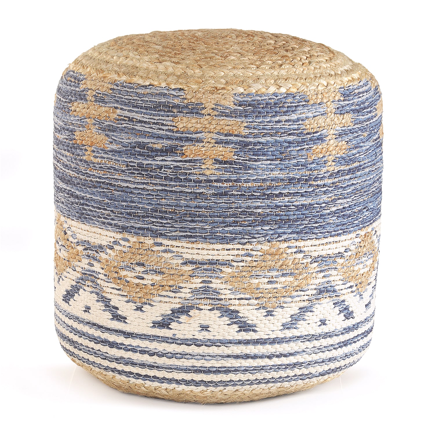 LR Home Elma 18" Handmade Jute Blend Pouf in Natural/Blue/Cream