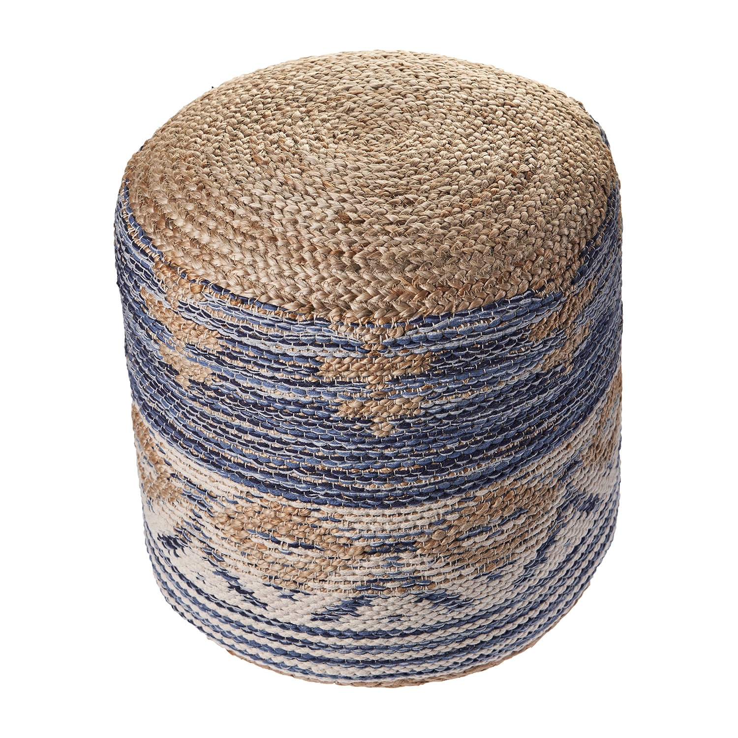 LR Home Elma 18" Handmade Jute Blend Pouf in Natural/Blue/Cream