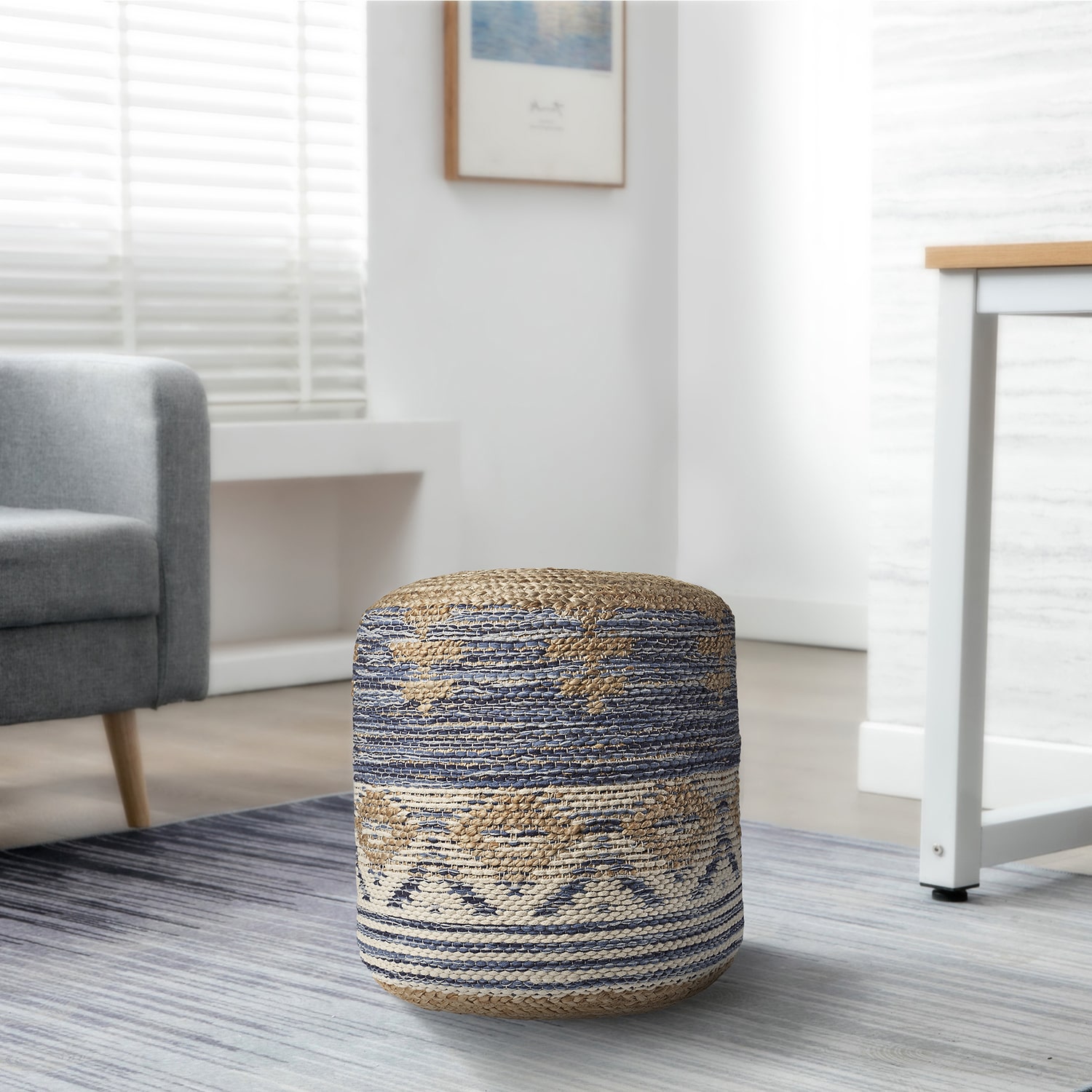 LR Home Elma 18" Handmade Jute Blend Pouf in Natural/Blue/Cream